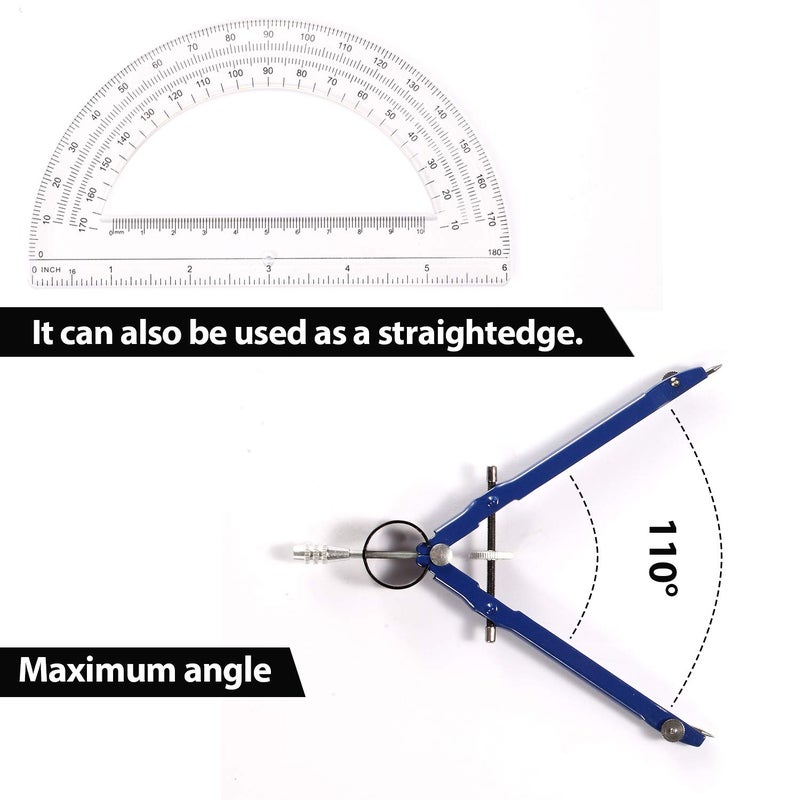 KABUDA Professional Precision Compass Set, Metal Spring Bow Compass with Protractor, Lock, Pencil Leads & Screw Replacements, for Geometry, Math, Drafting, Drawing & Measuring, School & Office Supplies - Image 2